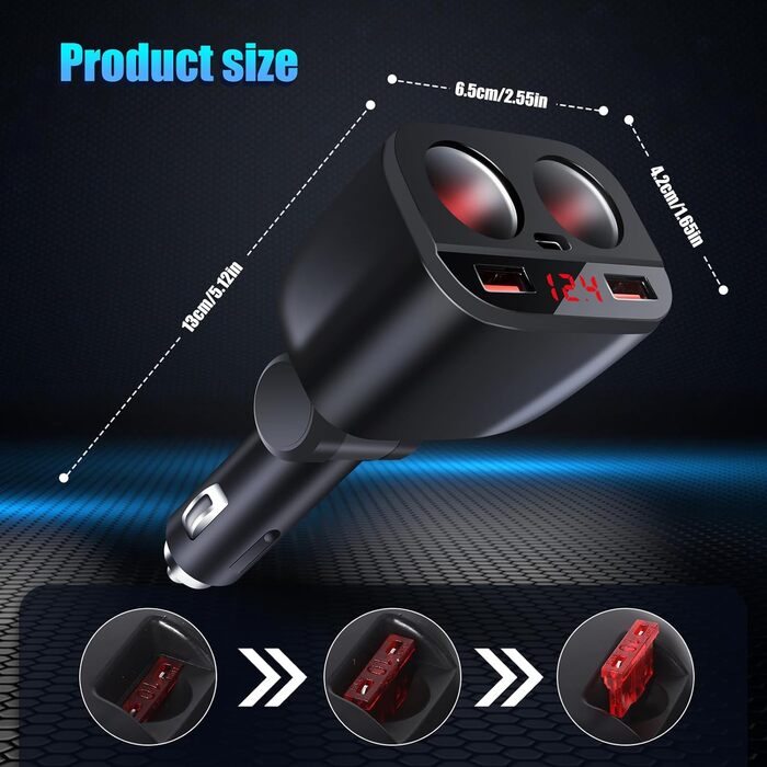 Вт USB C автомобільний зарядний пристрій прикурювач розподільник адаптер розгалужувач 2 розетки швидка зарядка 12V/24V DC зі світл