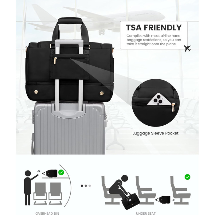 Жіноча спортивна сумка LOVEVOOK, дорожня сумка для вихідних з косметички, відділенням для взуття та вологим відділенням, водонепроникна спортивна сумка, сумка для занять спортом, подорожей, літака, чорна M A-black