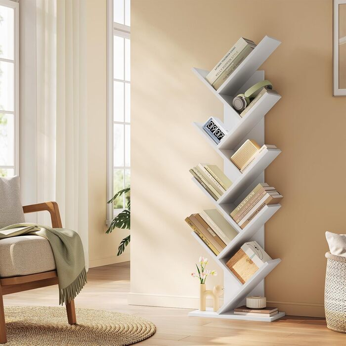 Книжкова полиця EUGAD у формі дерева, окремостояча полиця для CD/DVD з 9 полицями, полиця для зберігання, кутова полиця для спальні, вітальні, 40x127x20 см, білий
