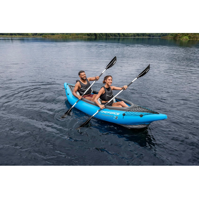 Каяк Bestway Hydro-Force Cove Champion X2 Надувний човен з ручним насосом, веслом, сидіннями, ластами та сумкою для зберігання Двомісний 331 x 88 x 45 см, синьо-сірий