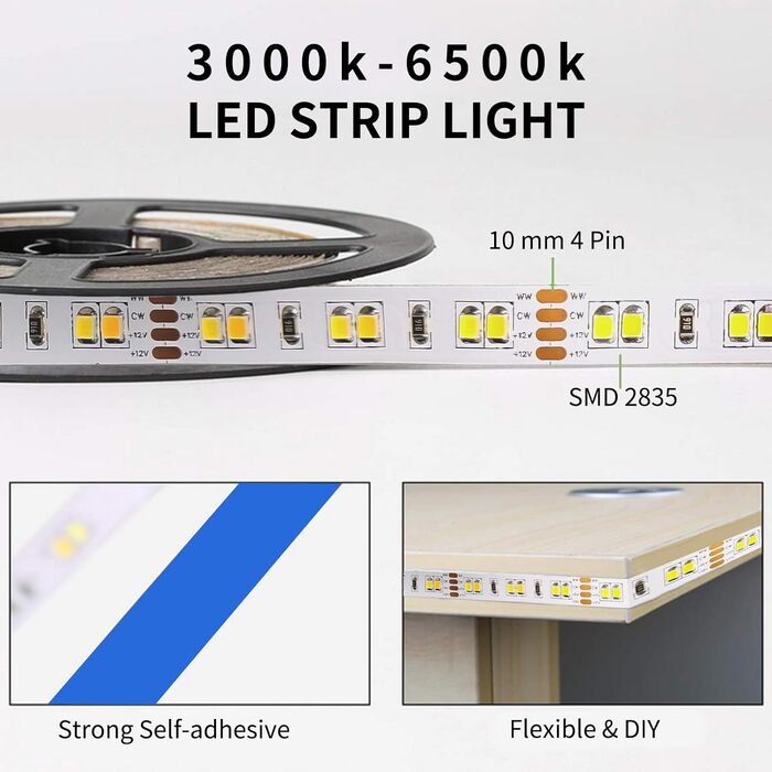 Світлодіодна стрічка BUNACET 24 В з можливістю затемнення теплий білий 3000K-6500K Холодний білий, світлодіодна стрічка Смуги Світло Біла 960 світлодіодів з радіочастотним пультом дистанційного керування Блок живлення для кухні, шафи, шафи, приміщення (32