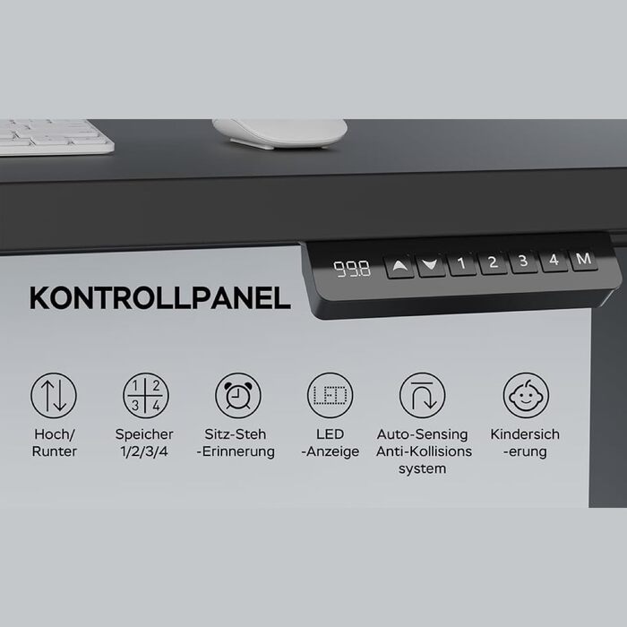 Електричне регулювання висоти каркаса столу з 2 двигунами, вантажопідйомність до 135 кг - Стабільний, 4 слоти пам&39яті, нагадування про сидячу/встанучу позицію, чорний