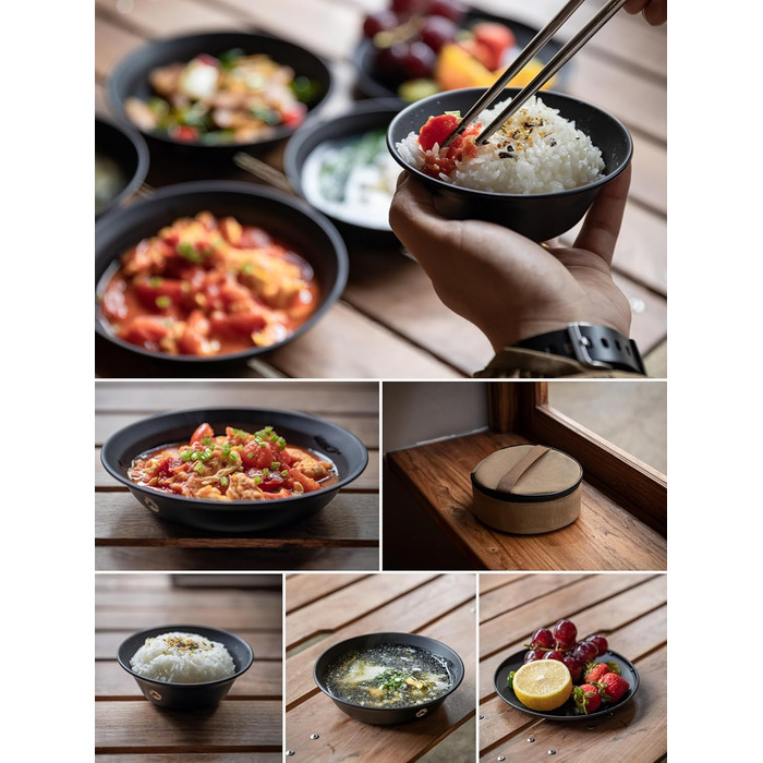 Набір посуду для кемпінгу CAMPINGMOON, нержавіюча сталь, тарілки, миски, штабельовані, посуд для активного відпочинку, сумка з тканини, для кемпінгу, піших прогулянок, пікніків (4 предмети, чорний колір з титановим покриттям)