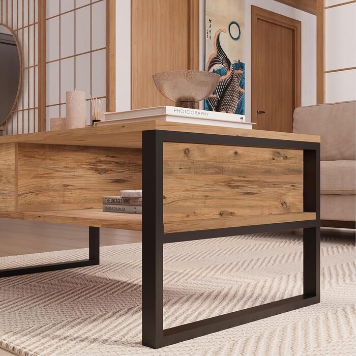 Журнальний столик Laukaa, стіл для вітальні, прямокутна стільниця, приставний столик, 100 x 60 x 45 см, журнальний столик з місцем для зберігання, колір рустикального дуба, рустикальний дуб/чорний