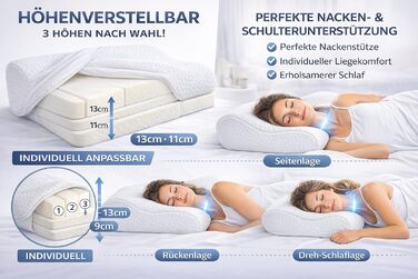 Подушка для шиї BCS Home&Sleep, ортопедична подушка, регульована по висоті 50x30 см, від болю та напруги в шиї, чохол з тенселу, який можна прати та дихає