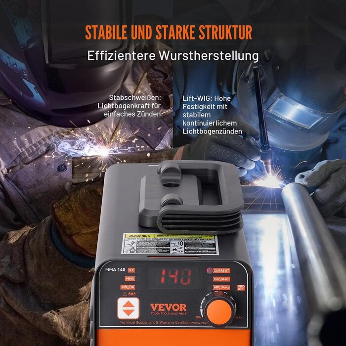 Зварювальний апарат VEVOR 220 В, 140 А ARC/Lift TIG, портативний 2-в-1 з LED-дисплеєм, функціями Hot Start, Arc Force, Anti-Stick та VRD, MMA інвертор