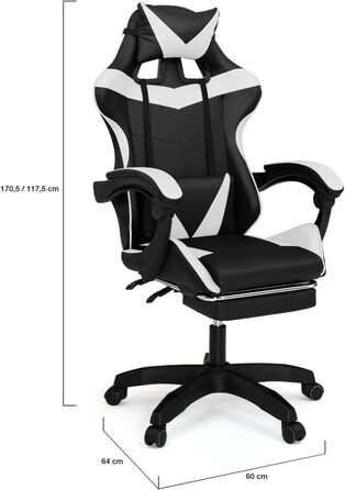 Регульоване ігрове крісло Alex з підніжкою, подушками для голови та попереку, чорно-біле