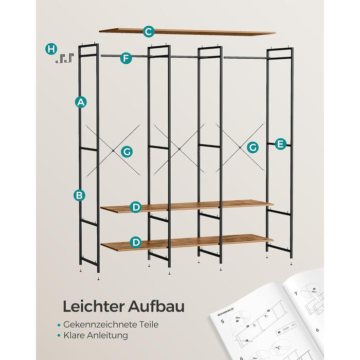 Відкрита шафа, вішалка для одягу, вішалка для пальто, шафа з рейкою для одягу, полиці, знімні гачки, 40 x 141 x 180 см, вінтажний коричневий RGR005B01 Вінтажний коричневий 40 x 141 x 180 см