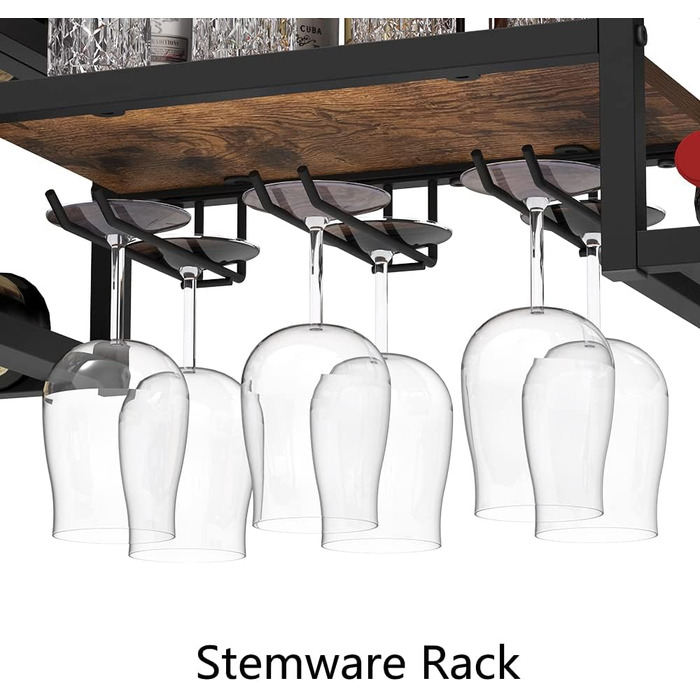 Настінна винна полиця VEDECASA промислового типу з 3 тримачами для парових келихів, часткова дерев&39яна полиця, чорний металевий тримач для пляшок, багатофункціональна винна вітрина для домашнього бару, їдальні, кухні, коричнева