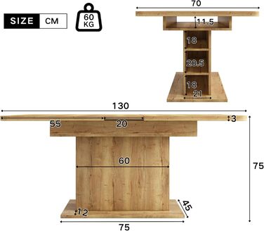 Дерев&39яний обідній стіл Merax, розсувний обідній стіл з місцем для зберігання, прямокутний кухонний стіл, для вітальні та їдальні, 110/130Д x 70Ш x 75В см, натуральний колір