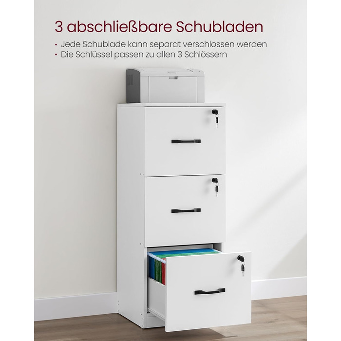 Картотечна шафа VASAGLE, офісна шафа для домашнього офісу, підставка для принтера, з 3 шухлядами, що замикаються, регульовані підвісні рейки, для форматів A4 та Letter, хмарно-білий OFC055W14 хмарно-білий 3 полиці (103 висоти см)