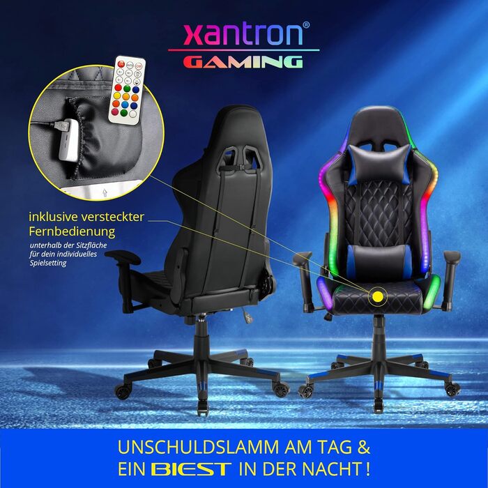 Ергономічне ігрове крісло Xantron з RGB-підсвічуванням - Вантажопідйомність 150 кг - Чорне ігрове крісло з ПВХ-шкіри - Регульоване ігрове крісло з газовою пружиною - Ігрове крісло