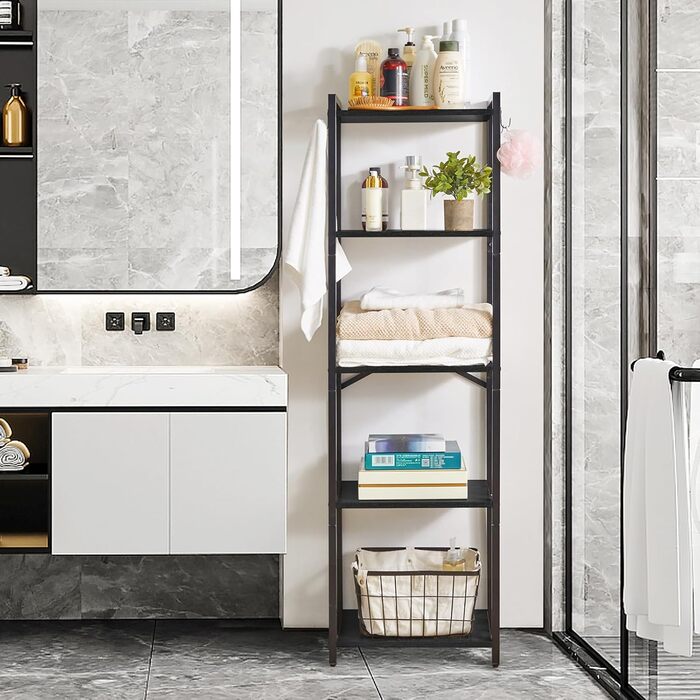 Книжкова полиця YMYNY, 5-рівнева полиця для зберігання, полиця для рослин, стійка для зберігання зі сталевим каркасом, для вітальні, офісу, кабінету, коридору, індустріальний стиль, чорна HBC005B 147 см чорного кольору