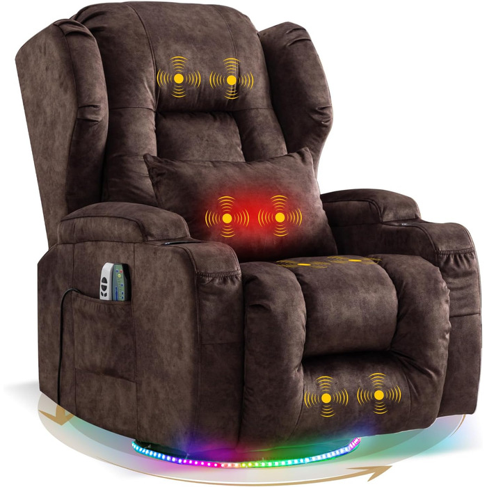 Електричне крісло для телевізора з функцією відкидання спинки, крісло з обертовим кутом 240, крісло для кінотеатру, масажне крісло з функцією підігріву, крісло для телевізора, крісло для відпочинку вагою до 150 кг (оксамит, коричневий) Коричнева оксамитов