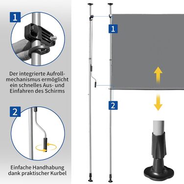 Вертикальний тент LEADZM із затискачем 200x305 см, розсувний та непрозорий, захист від ультрафіолету 50 та водонепроникний, не потребує свердління з ручним приводом для саду, тераси, балкона та вітальні, сірий 200x305 см