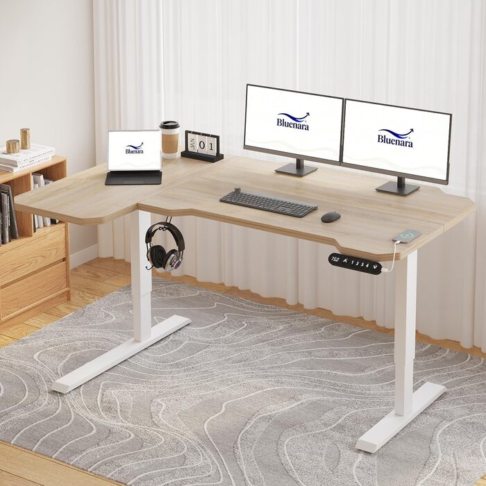 Електричне регулювання висоти письмового столу, L-подібний стіл 150 см для роботи сидячи та стоячи з 4 налаштуваннями пам&39яті, стільниця зі зрощеного світлого дуба, регульований по висоті стіл для домашнього офісу 150x78 світлий дуб