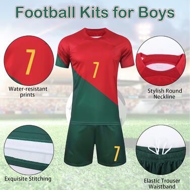 Футбольна форма для дітей, футбольна майка 7, футбольна футболка, шорти, футбольна форма для дітей із щитками для гомілок, шкарпетки та брелок для ключів для хлопчиків віком 8-9 років.