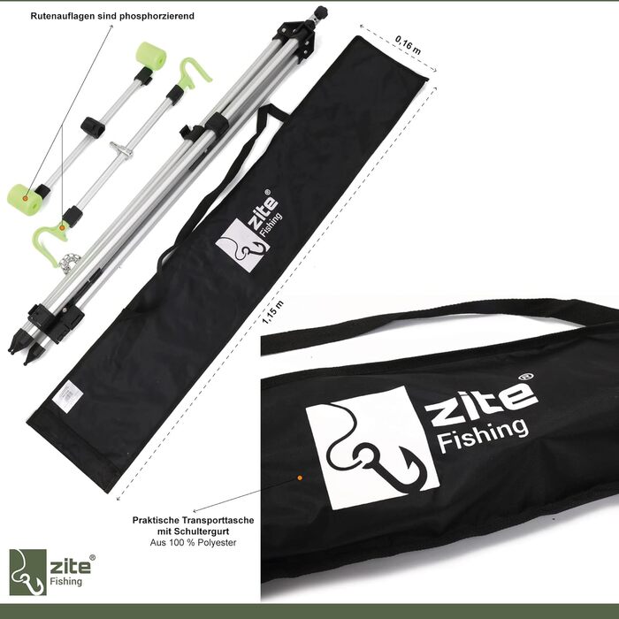Тримач для вудок для серфкастингу Zite Fishing - Алюмінієвий штатив для 2 вудок для серфкастингу - Тримач для вудок для серфкастингу на штатив - Телескопічна підставка для вудок з сумкою, Тримач для вудок-штатив, Тримач для вудок для серфкастингу