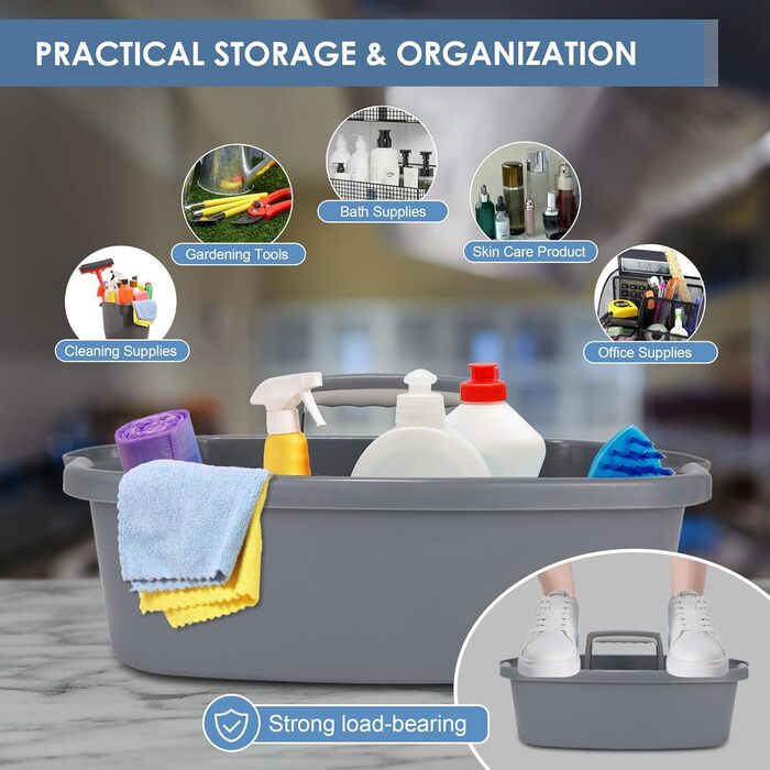 Абелювані органайзери для мийних засобів - кошик для зберігання, багатоцільовий пластиковий кошик з ручкою, кошик для садових інструментів, кошик для прибирання, органайзер для ванної кімнати, коробка для зберігання, сірий, 2 шт.