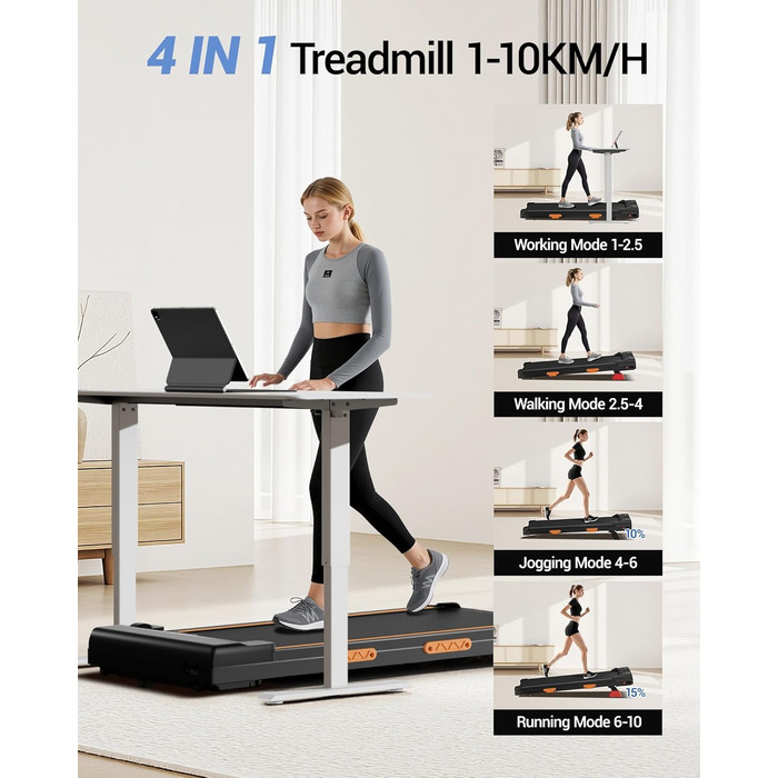 Килимок для ходьби UMAY з нахилом 10-15, бігова доріжка для дому 8-10 км/год з нахилом та тихим двигуном, стіл для бігової доріжки, максимальна підтримка 136 кг, нахил 10