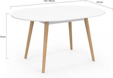 Круглий обідній стіл Angela для 6-8 осіб, білий з дерев&39яними ніжками, 110-150 см