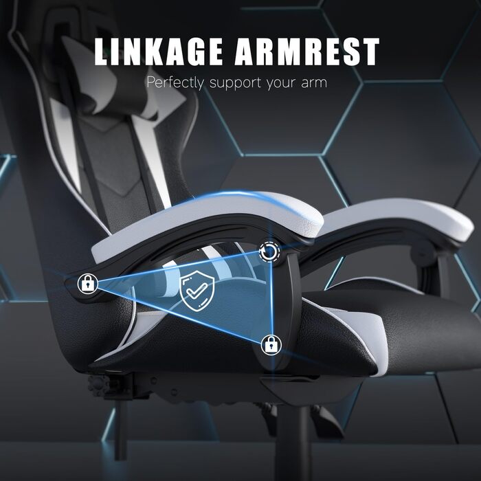 Геймерське крісло, ергономічне крісло з високою спинкою, шкіра синтетична, регульований підголівник та поперекова підтримка, кут нахилу 155, металевий каркас, плавно обертаються колеса, регулювання висоти, чорно-білий колір