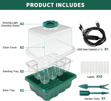 Коробка для вирощування в теплиці в приміщенні, міні-набір для вирощування в теплиці з 2 предметами з піднятою кришкою, стартер для розсади з освітленням для рослин із повним спектром, лотки, піддон для вирощування в теплиці для рослин