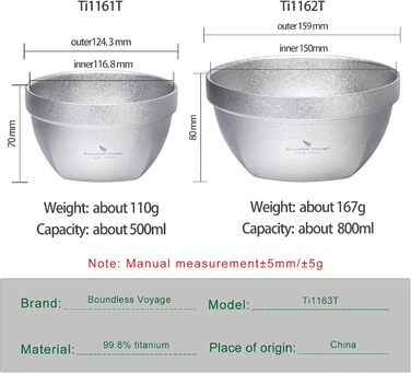 Двостінні титанові миски 500 мл та 800 мл вівсянка, рис, суп, миска, надлегкий портативний посуд для кемпінгу на свіжому повітрі (сріблястий) Ti1163T 500 мл 800 мл сріблястий Ti1163T