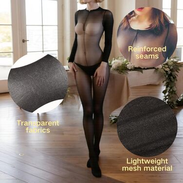 Сексуальний жіночий бодістокінг з прозорої сітки, чорний, довгі рукави, з відкритим доступом в інтимній зоні