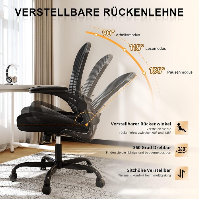 Ергономічне офісне крісло Synorla, стілець для роботи з вантажопідйомністю 150 кг та підлокітниками, що складаються на 90, ергономічне офісне крісло з регульованим по висоті сидінням та регульованою поперековою опорою, чорний колір