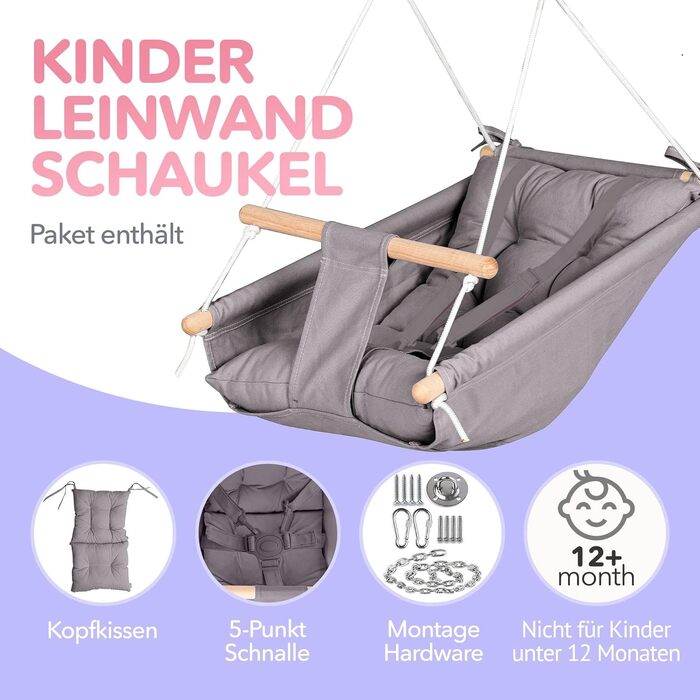 Дитяча гойдалка-гамак Canvas Baby Hammock Swing від Cateam - підвісна дерев'яна гойдалка для дитини з ременями безпеки та деталями