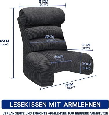 Подушка для читання для ліжка та дивана, подушка для спини ліжка, подушка для читання зі спинкою для дорослих, зручна для сидіння, читання та перегляду телевізора на підлозі або дивані (вугільна, 65 * 30 см)