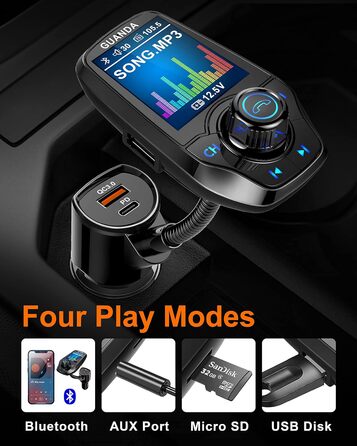 Передавач Bluetooth для автомобіля з 1,8-дюймовим кольоровим екраном Bluetooth Гучний зв'язок Bluetooth Автомобільний радіоадаптер 4 в 1 MP3-плеєр AUX 2 USB-порти SD/TF карта (QC3.0PD чорний)