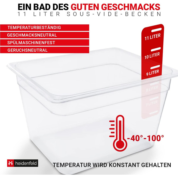 Контейнер для плити Heidenfeld SVS11 Sous Vide - дуже великий 32,0 x 26,5 x 20,0 см - Кришка - Стійка - Набір контейнерів - Повний комплект - Об'єм 11 л - Аксесуари для паличок Sous-Vide - Кухонний приладдя (Набір контейнерів)