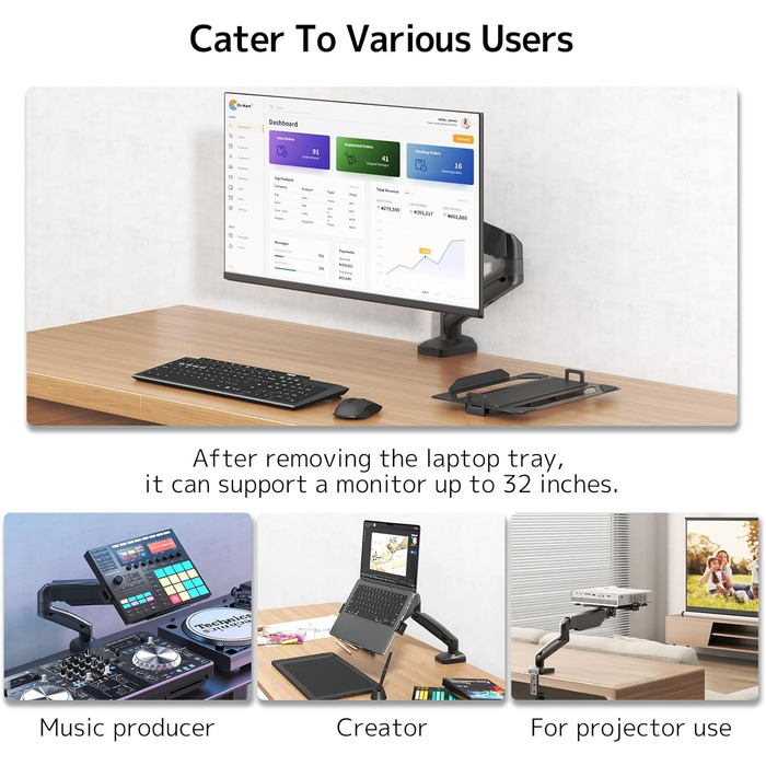 Універсальний тримач для ноутбука та монітора 2-в-1, для ноутбуків 11.6-17.3 та моніторів 17-32, навантаження до 9 кг, VESA 75/100 мм, кріплення на стіл (затискач та отвори)