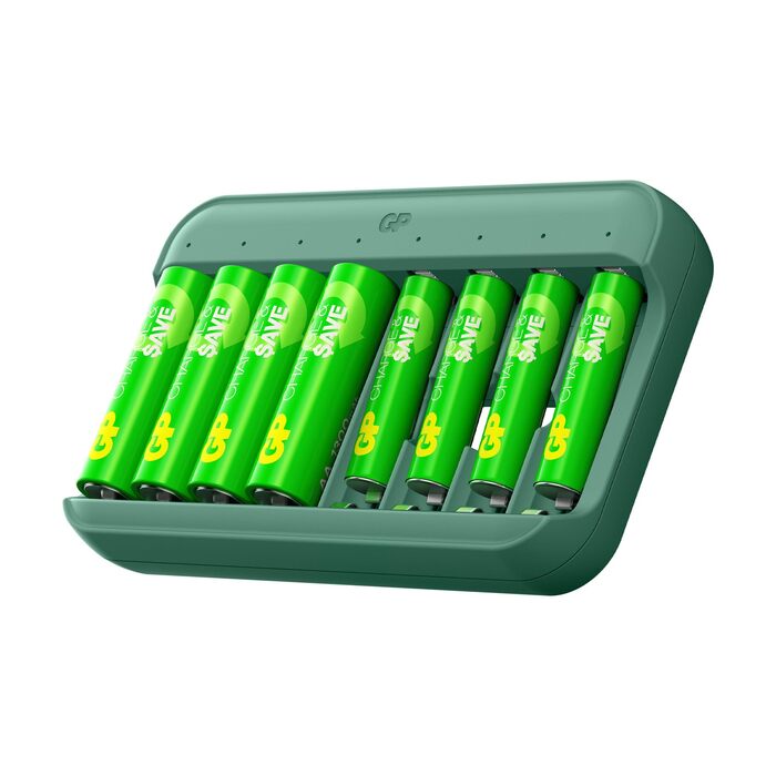 Зарядний пристрій GP Charge&Save для акумуляторів AA AAA з 8 зарядними слотами 4 батарейки AA та 4 батарейки AAA Зарядний пристрій USB-C Швидка зарядка, гнучке заряджання з окремими слотами, багатофункціональний захист, світлодіодний індикатор стану Компл