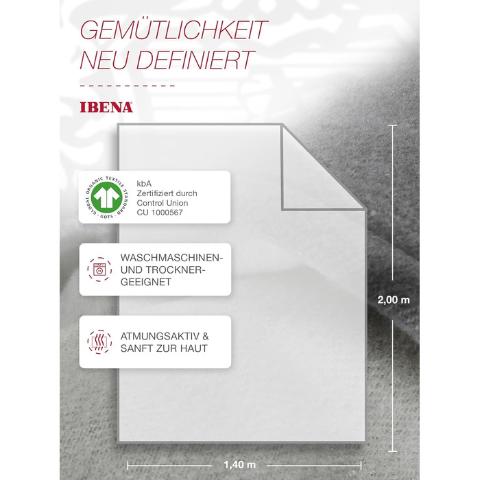 Ковдра Ibena Stockholm з органічної вовни 140x200 см - 100 бавовна, зроблено в Німеччині, бавовняна ковдра сірого кольору, світло-сіра, двоколірна 140 x 200 см сірого кольору