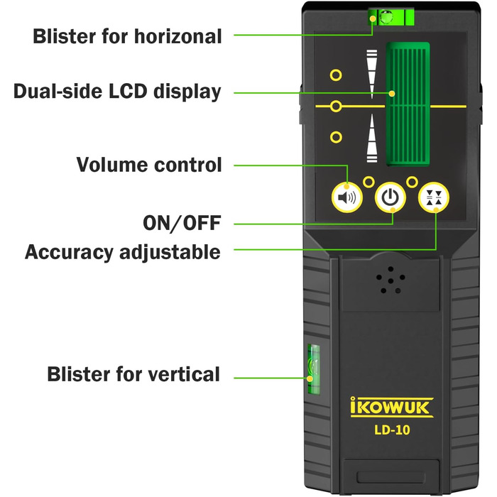 Лазерний приймач, лазерний детектор для імпульсного перехресного лазера, зелені лазерні промені до 200 футів, двосторонні РК-дисплеї з двостороннім підсвічуванням з налаштуваннями точності, двостороннє підсвічування