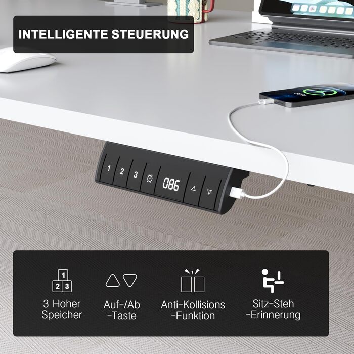 Регульований по висоті стіл 140x80 см з портом для зарядки USB-A, Мобільний електричний комп'ютерний стіл з лотком для кабелів і 3