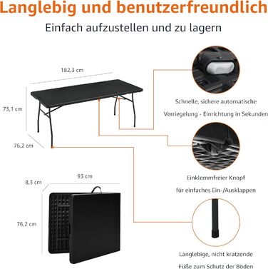 Розкладний стіл Storeo Basics, прямокутний, з ручкою для перенесення, для використання в приміщенні та на вулиці, портативний, легкий, дорожній стіл, для пікніка, кемпінгу, чорний, 182 x 75 x 73 см (183 см) чорного кольору