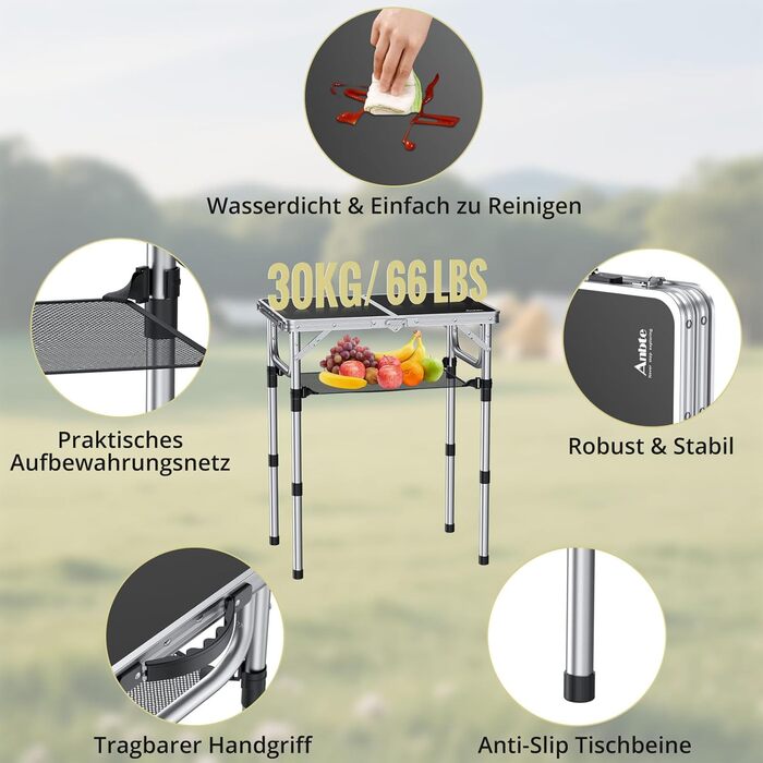 Стіл для кемпінгу Anbte, розкладний стіл 60x40 см, алюмінієва рама з 3 регульованими висотами 26/48/70 см, стіл для пікніка з сіткою для зберігання, портативний багатофункціональний стіл для кемпінгу, пляжу, балкону (чорний) сірий