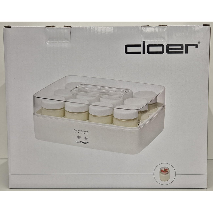 Йогуртниця Cloer 9921 для 12 баночок по 150 мл, таймер 8-14 год, LED-дисплей, звуковий сигнал, прозора кришка, біла, 17 Вт