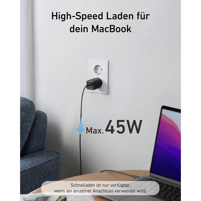 Зарядний пристрій Anker USB C 47 Вт, зарядний пристрій 523 (Nano 3), компактний із швидким зарядним пристроєм GaN на 2 порти для i