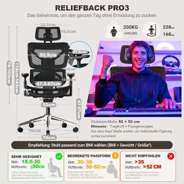 Офісне крісло 200 кг Переможець тесту ергономіки Саморегульована спинка 3.0 Підлокітники 4DMagic Офісні крісла з 3D-підголівником та спинкою 7-позиційне регулювання спинки Сітчасте сидіння офісного крісла (Pro)
