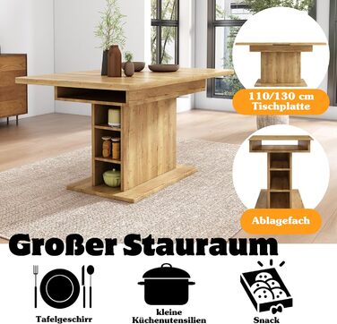 Дерев&39яний обідній стіл Merax, розсувний обідній стіл з місцем для зберігання, прямокутний кухонний стіл, для вітальні та їдальні, 110/130Д x 70Ш x 75В см, натуральний колір