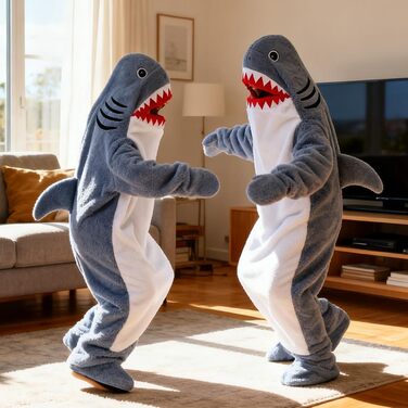 Толстовка з капюшоном FARYODI з акулою та рукавами S-XXL, толстовка з капюшоном та спальним мішком з акулою, фланелевий комбінезон з акулою та ніжками, фланелева ковдра з акулою, подарунок для мультяшних піжамних вечірок M (140-155 см) сіро-блакитна