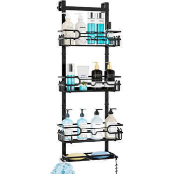 Душова полиця підвісна регульована з 4 душовими кошиками, душова полиця без свердління з мильницею та гачком, душова полиця над скляною стіною та дверима у ванній кімнаті, чорна
