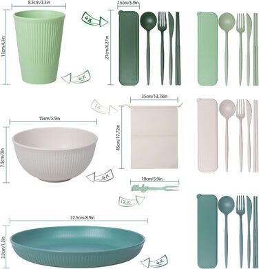 Набір столових приборів для кемпінгу з 45 предметів на 4 особи, набір пластикового посуду, набір тарілок та мисок для кемпінгу з сумкою для перенесення, небиткий посуд для пікніка, набори тарілок, набори посуду та столових приборів з 45 предметів
