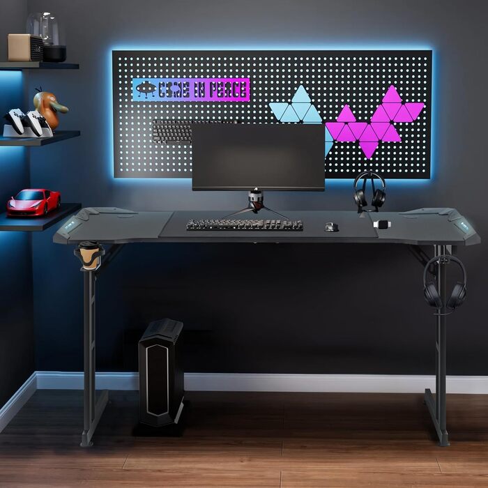 Ігровий стіл HENGMEI, ігровий стіл, комп&39ютерний стіл з підставкою для склянок, гачком для навушників, Z-подібний ПК-стіл, ігровий стіл для домашнього офісу, кутовий стіл, 140 x 60 см, тип B зі світлодіодним підсвічуванням, 140x60x75 см тип B зі світлод