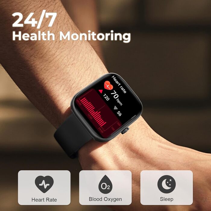 Розумний годинник для чоловіків та жінок, 1,83-дюймовий HD сенсорний розумний годинник, Bluetooth-дзвінки, понад 110 спортивних режимів, фітнес-годинник з пульсометром/монітором сну/крокоміром, водонепроникний спортивний годинник IP68 для Android/iOS, чор